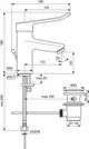 Waschbeckenarmatur von Ideal Standard mit Bügelgriff und Ablaufsystem. Zeichnung zeigt Maße und technische Details sowie Anschlussmöglichkeiten für die Installation.